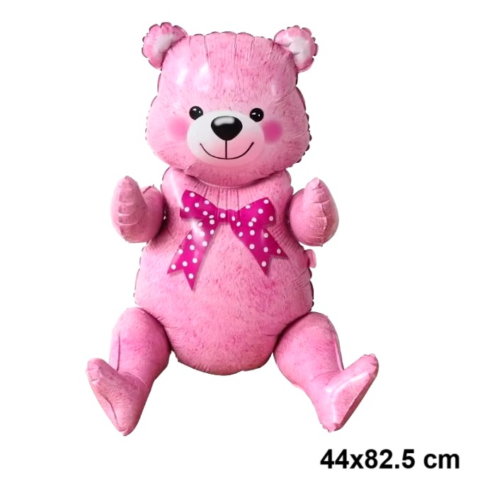 Balon din Folie Metalizata, Figurina Animalute, Model Ursulet Asezat, Tematica Aniversare, 44x82.5 cm, Ambalaj Individual, Pai Inclus, Umflare cu Aer sau Heliu, Roz [3]