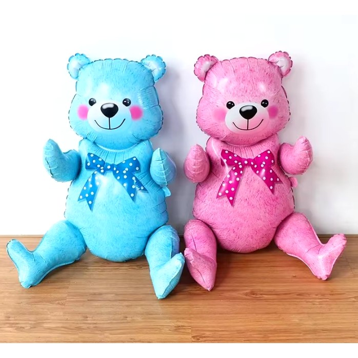 Balon din Folie Metalizata, Figurina Animalute, Model Ursulet Asezat, Tematica Aniversare, 44x82.5 cm, Ambalaj Individual, Pai Inclus, Umflare cu Aer sau Heliu, Albastru [2]