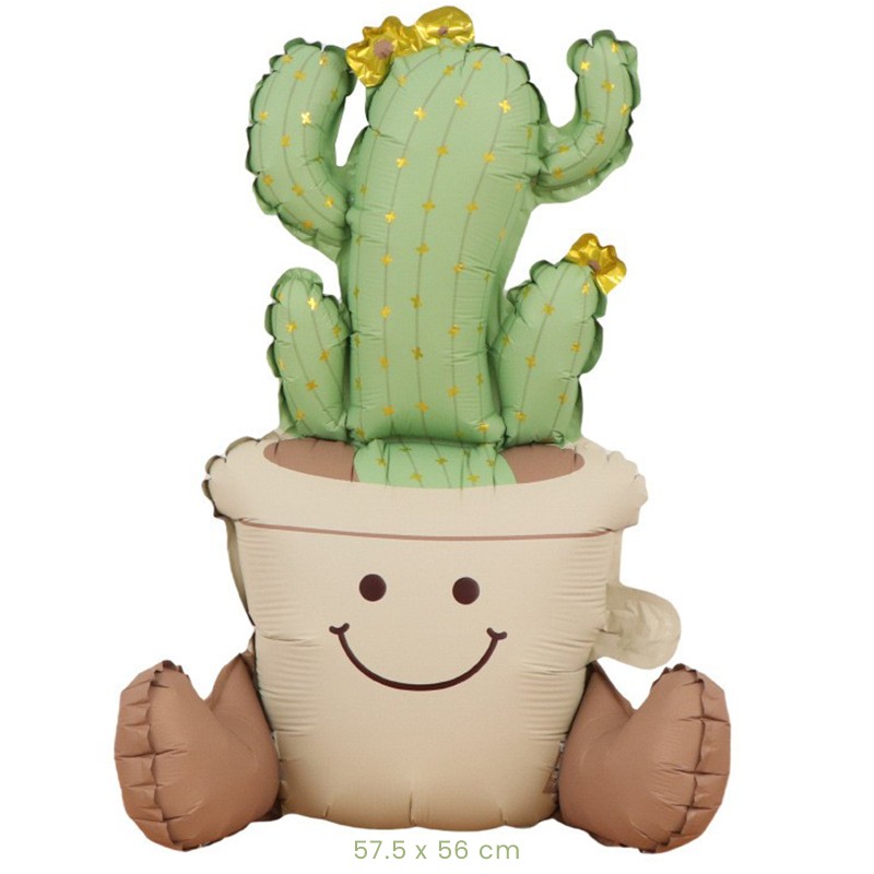 Balon din Folie Metalizata, Figurina Animata, Model Ghivechi Cactus, 57.5 x 56 cm, Ambalaj Individual, Pai Inclus, Umflare cu Aer sau Heliu, Verde [1]