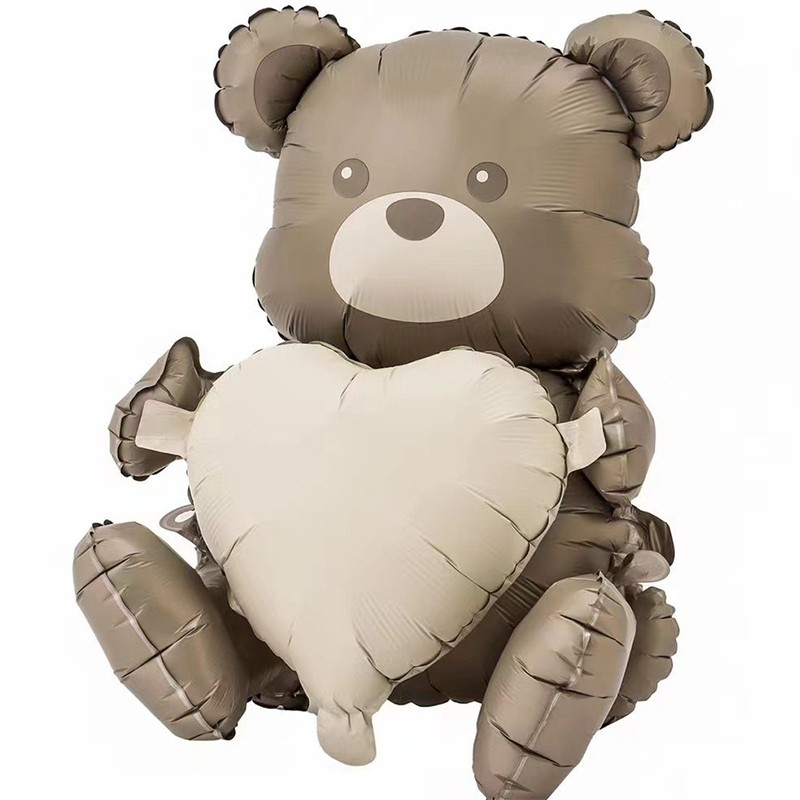Figurine si Baloane 3D - Balon din Folie Metalizata, Figurina Animata, Model Ursulet cu Inima, 65 x 65 cm, Ambalaj Individual, Pai Inclus, Umflare cu Aer sau Heliu, Maro