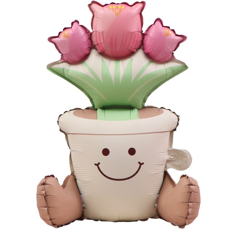 Figurine si Baloane 3D - Balon din Folie Metalizata, Figurina Animata, Model Ghiveci de Flori, 58 x 55 cm, Ambalaj Individual, Pai Inclus, Umflare cu Aer sau Heliu, Roz