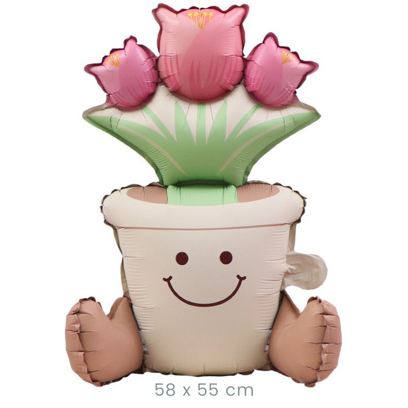 Balon din Folie Metalizata, Figurina Animata, Model Ghiveci de Flori, 58 x 55 cm, Ambalaj Individual, Pai Inclus, Umflare cu Aer sau Heliu, Roz [1]