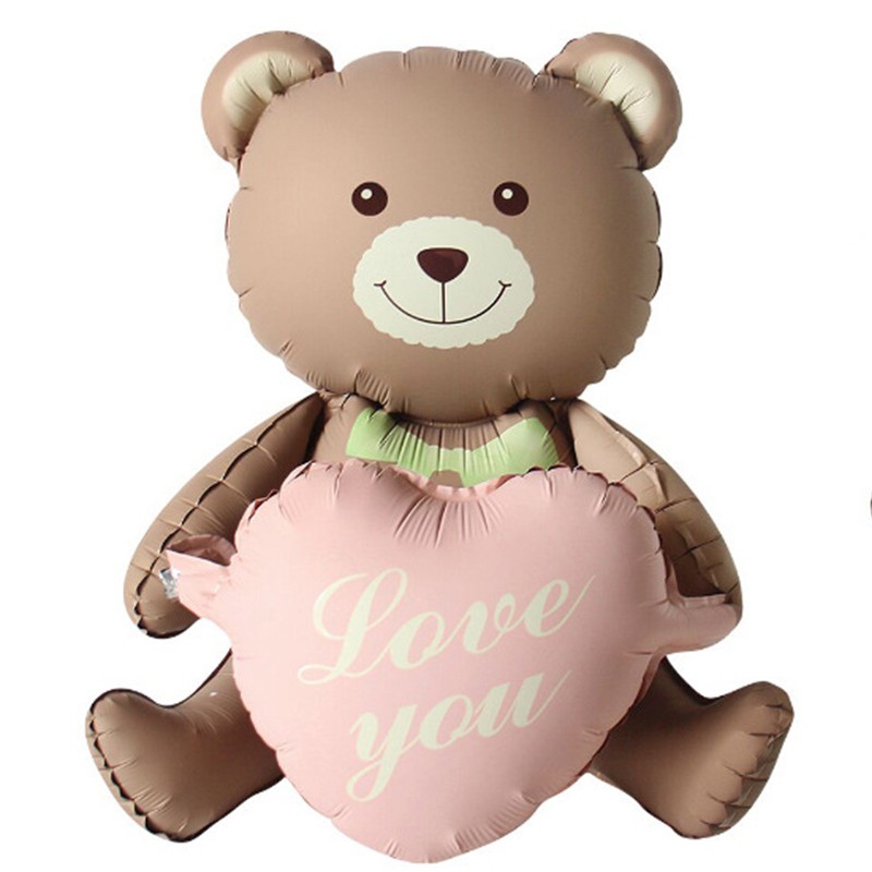 Figurine si Baloane 3D - Balon din Folie Metalizata, Figurina Animata, Model Ursulet cu Inimioare, 105.5 x 66.5 cm, Ambalaj Individual, Pai Inclus, Umflare cu Aer sau Heliu, Maro