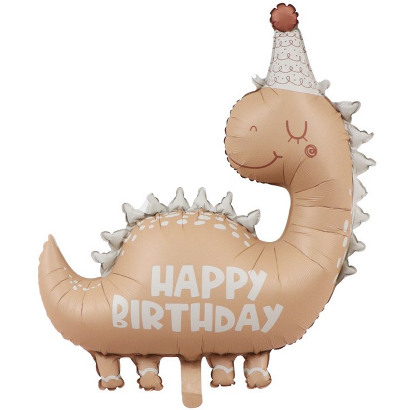 Figurine si Baloane 3D - Balon din Folie Metalizata, Figurina Animata, Model Dinozaur Happy Birthday, 80 x 77 cm, Ambalaj Individual, Pai Inclus, Umflare cu Aer sau Heliu, Maro
