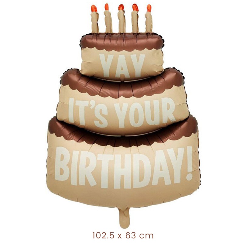 Balon din Folie Metalizata, Figurina Animata, Model Tort Aniversar, 102.5 x 63 cm, Ambalaj Individual, Pai Inclus, Umflare cu Aer sau Heliu, Maro [1]