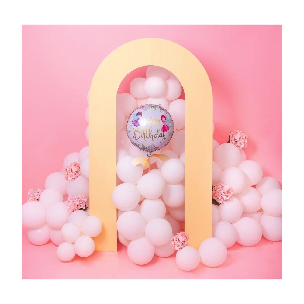 Balon din Folie Metalizata, Figurina Cerc, Model Happy Birthday cu Zane, Tematica Aniversare, 45 cm, Ambalaj Individual, Pai Inclus, Umflare cu Aer sau Heliu, Multicolor [1]