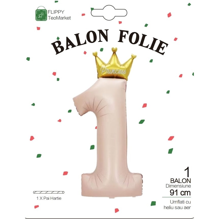 Balon din Folie Metalizata, Figurina Cifra 1, Model Coroana Printesa, 91 cm, Ambalaj Individual, Pai inclus, Umflare cu Aer sau Heliu, Roz [4]