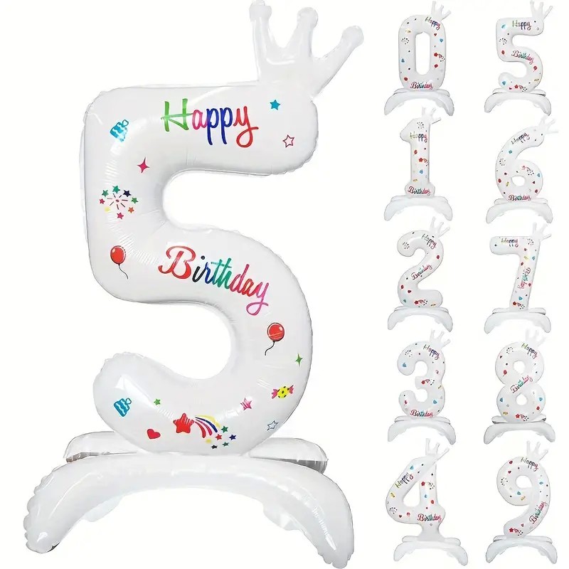 Cifre - Balon din Folie Metalizata, Figurina Cifra, Model 5 cu Happy Birthday Scris, Tema Aniversare 81 cm, Ambalaj Individual, Pai Inclus, Umflare cu Aer sau Heliu, Alb
