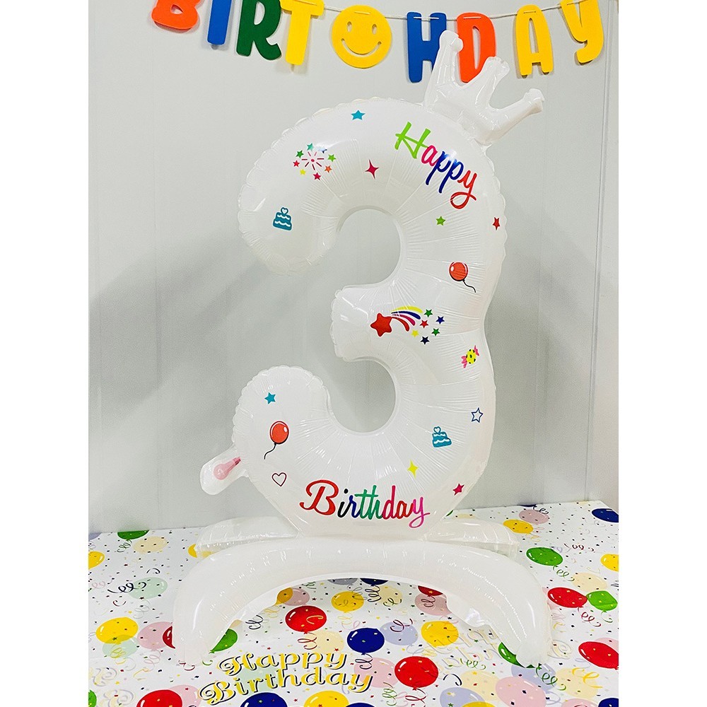 Balon din Folie Metalizata, Figurina Cifra, Model 3 cu Happy Birthday Scris, Tema Aniversare 81 cm, Ambalaj Individual, Pai Inclus, Umflare cu Aer sau Heliu, Alb [1]