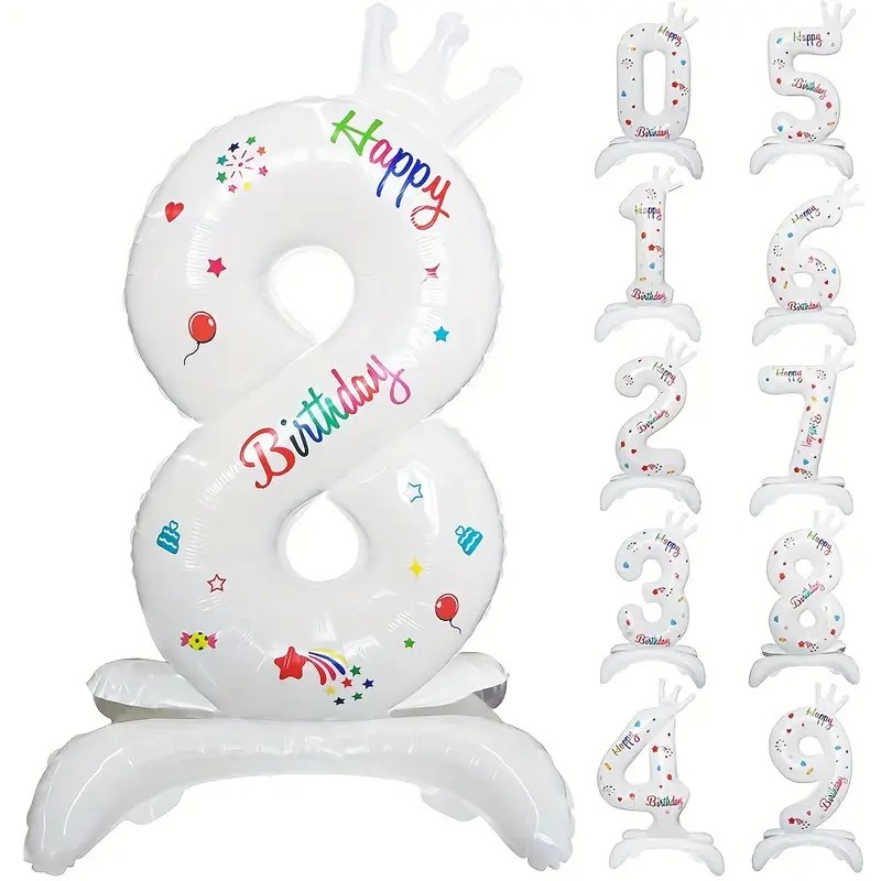 Cifre - Balon din Folie Metalizata, Figurina Cifra, Model 8 cu Happy Birthday Scris, Tema Aniversare 81 cm, Ambalaj Individual, Pai Inclus, Umflare cu Aer sau Heliu, Alb