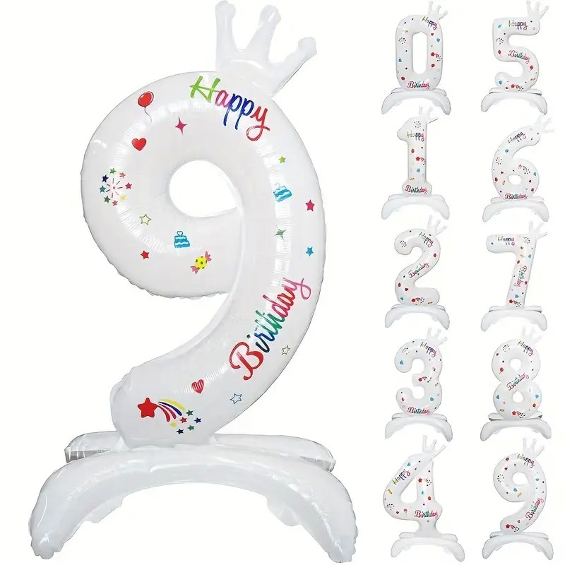 Cifre - Balon din Folie Metalizata, Figurina Cifra, Model 9 cu Happy Birthday Scris, Tema Aniversare 81 cm, Ambalaj Individual, Pai Inclus, Umflare cu Aer sau Heliu, Alb