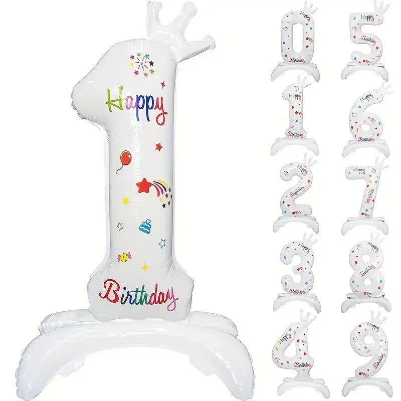 Cifre - Balon din Folie Metalizata, Figurina Cifra, Model 1 cu Happy Birthday Scris, Tema Aniversare 81 cm, Ambalaj Individual, Pai Inclus, Umflare cu Aer sau Heliu, Alb