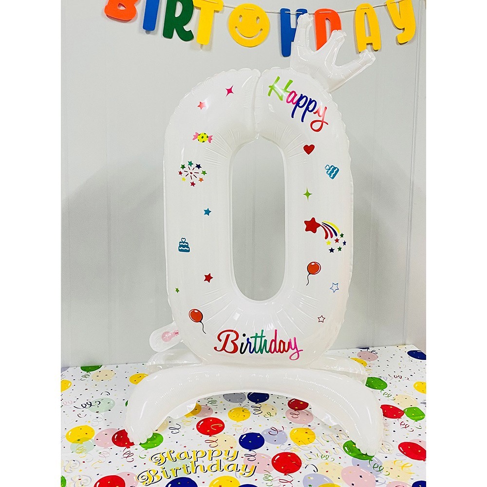 Balon din Folie Metalizata, Figurina Cifra, Model 0 cu Happy Birthday Scris, Tema Aniversare 81 cm, Ambalaj Individual, Pai Inclus, Umflare cu Aer sau Heliu, Alb [1]