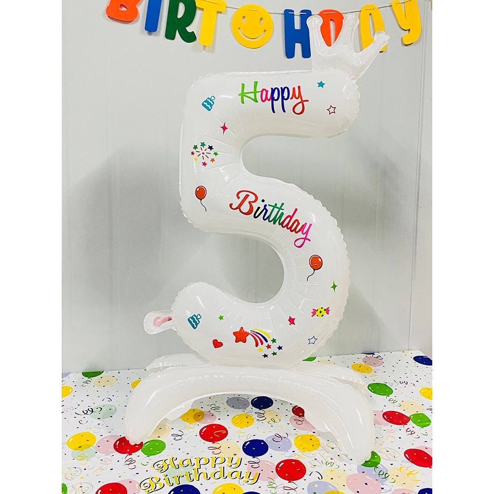 Balon din Folie Metalizata, Figurina Cifra, Model 5 cu Happy Birthday Scris, Tema Aniversare 81 cm, Ambalaj Individual, Pai Inclus, Umflare cu Aer sau Heliu, Alb [1]