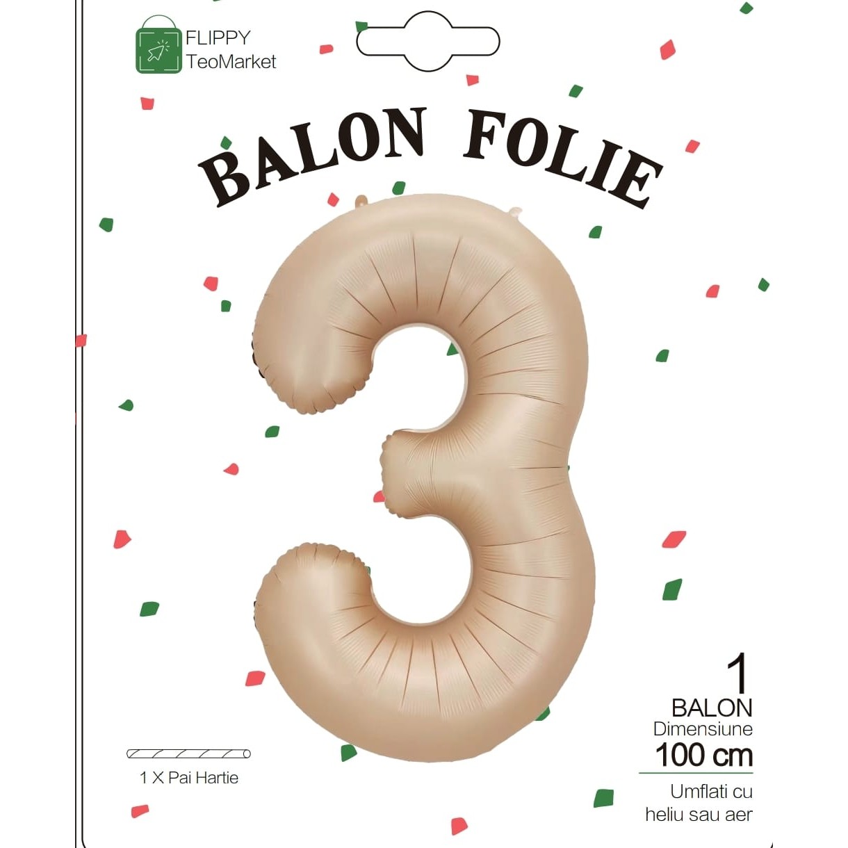 Balon din Folie Metalizata, Figurina Cifra, Model 3, Tema Aniversare 100 cm, Ambalaj Individual, Pai Inclus, Umflare cu Aer sau Heliu, Crem [5]