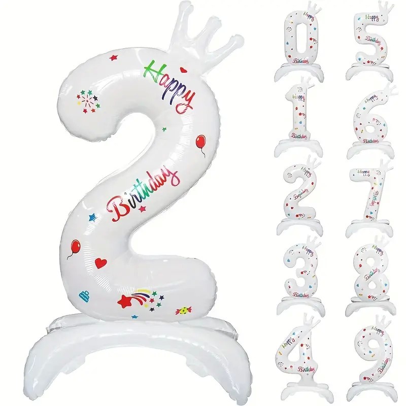 Cifre - Balon din Folie Metalizata, Figurina Cifra, Model 2 cu Happy Birthday Scris, Tema Aniversare 81 cm, Ambalaj Individual, Pai Inclus, Umflare cu Aer sau Heliu, Alb