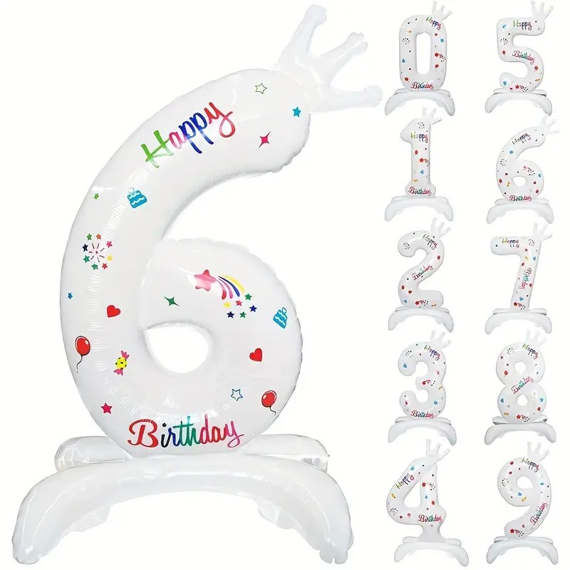 Cifre - Balon din Folie Metalizata, Figurina Cifra, Model 6 cu Happy Birthday Scris, Tema Aniversare 81 cm, Ambalaj Individual, Pai Inclus, Umflare cu Aer sau Heliu, Alb