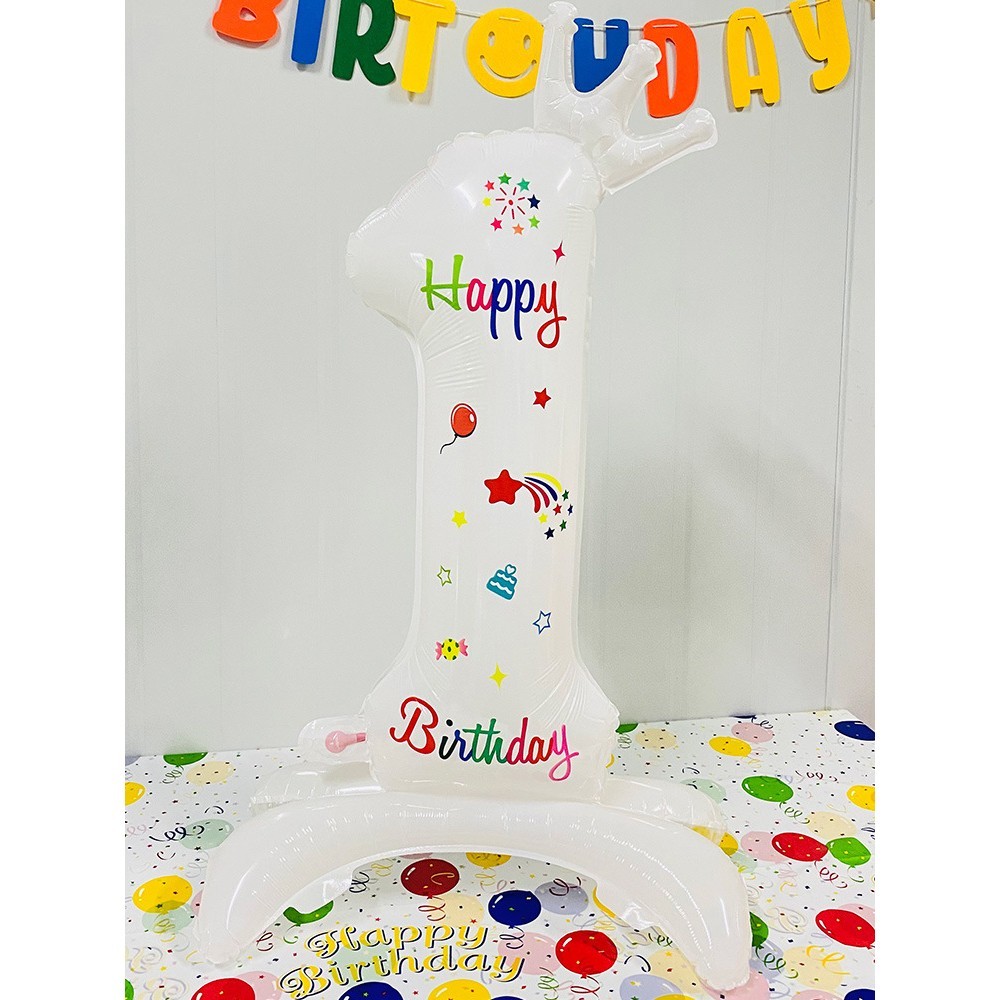 Balon din Folie Metalizata, Figurina Cifra, Model 1 cu Happy Birthday Scris, Tema Aniversare 81 cm, Ambalaj Individual, Pai Inclus, Umflare cu Aer sau Heliu, Alb [1]