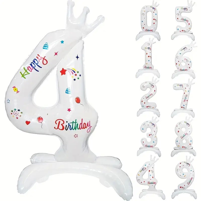 Cifre - Balon din Folie Metalizata, Figurina Cifra, Model 4 cu Happy Birthday Scris, Tema Aniversare 81 cm, Ambalaj Individual, Pai Inclus, Umflare cu Aer sau Heliu, Alb