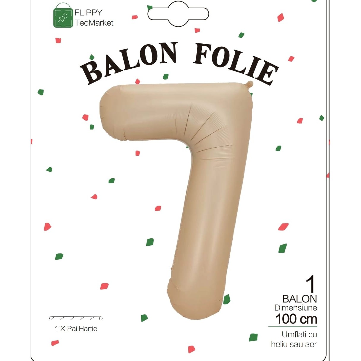 Balon din Folie Metalizata, Figurina Cifra, Model 7, Tema Aniversare 100 cm, Ambalaj Individual, Pai Inclus, Umflare cu Aer sau Heliu, Crem [5]