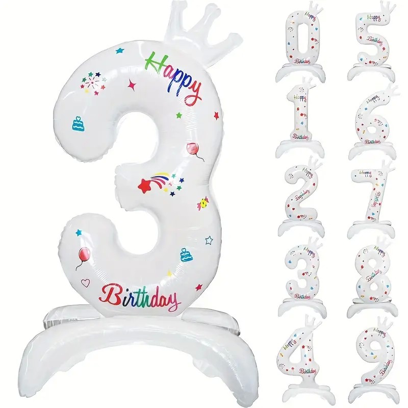 Cifre - Balon din Folie Metalizata, Figurina Cifra, Model 3 cu Happy Birthday Scris, Tema Aniversare 81 cm, Ambalaj Individual, Pai Inclus, Umflare cu Aer sau Heliu, Alb