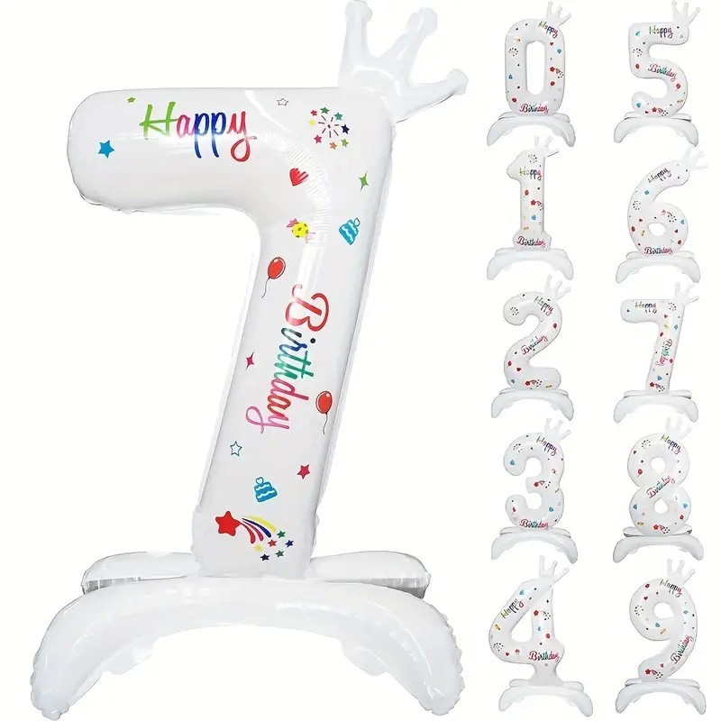 Cifre - Balon din Folie Metalizata, Figurina Cifra, Model 7 cu Happy Birthday Scris, Tema Aniversare 81 cm, Ambalaj Individual, Pai Inclus, Umflare cu Aer sau Heliu, Alb