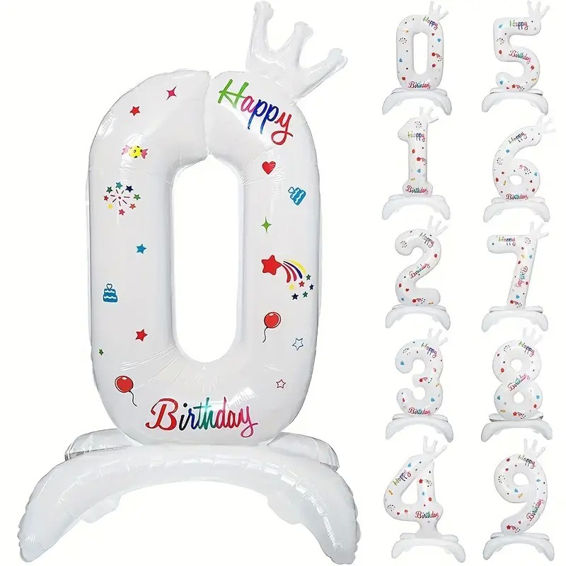 Cifre - Balon din Folie Metalizata, Figurina Cifra, Model 0 cu Happy Birthday Scris, Tema Aniversare 81 cm, Ambalaj Individual, Pai Inclus, Umflare cu Aer sau Heliu, Alb