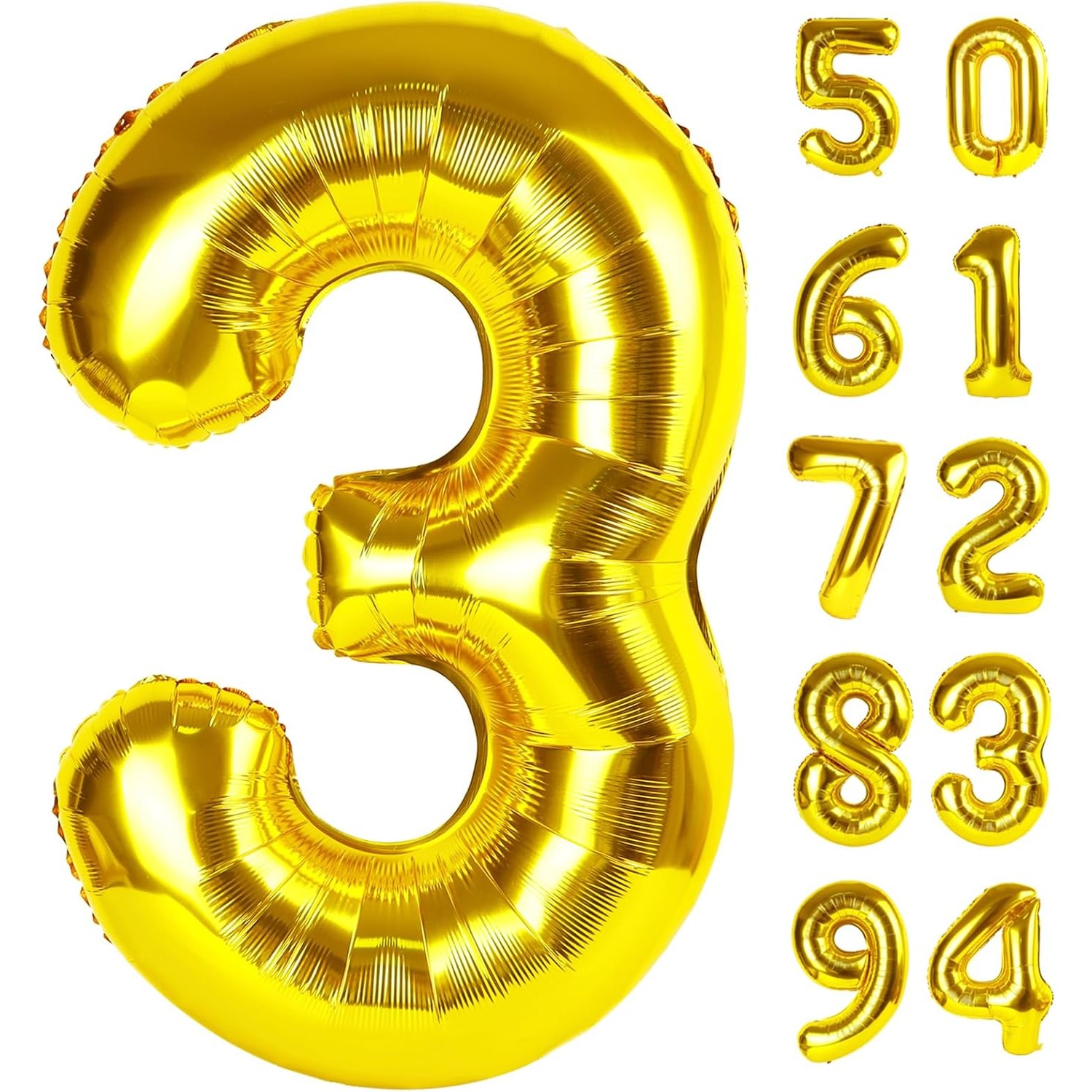 Balon din Folie Metalizata Figurina Cifra, Tema Aniversare 80 cm, Ambalaj Individual, Pai inclus, Umflare cu Aer sau Heliu, Auriu, Cifra 3 [5]