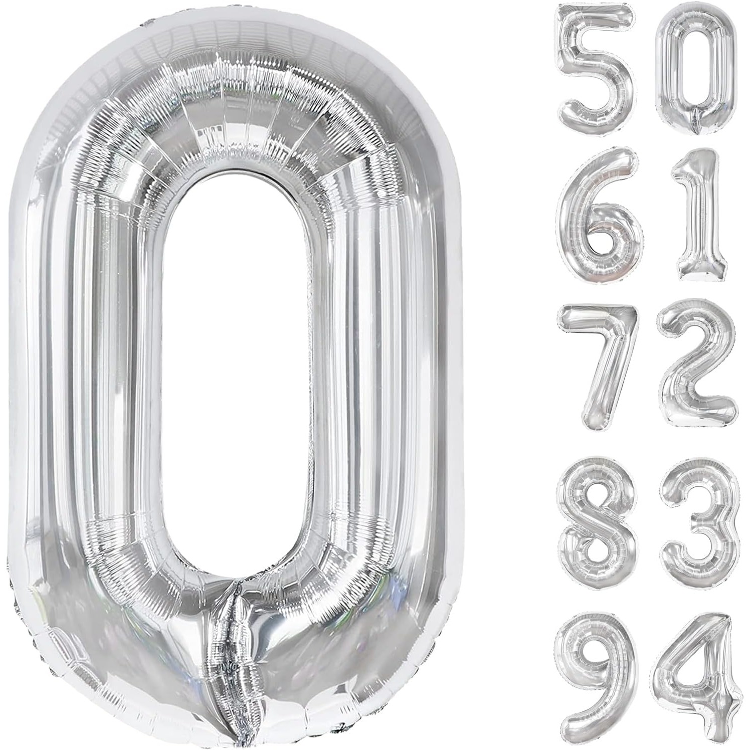 Balon din Folie Metalizata, Figurina Cifra, Tema Aniversare 80 cm, Ambalaj Individual, Pai inclus, Umflare cu Aer sau Heliu, Argintiu, Cifra 0 [8]