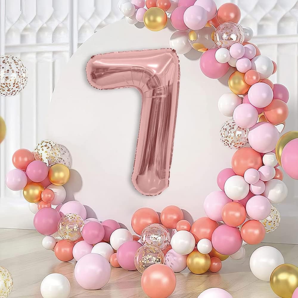 Balon din Folie Metalizata Figurina Cifra, Tema Aniversare 80 cm, Ambalaj Individual, Pai inclus, Umflare cu Aer sau Heliu, Rose, Cifra 7 [1]