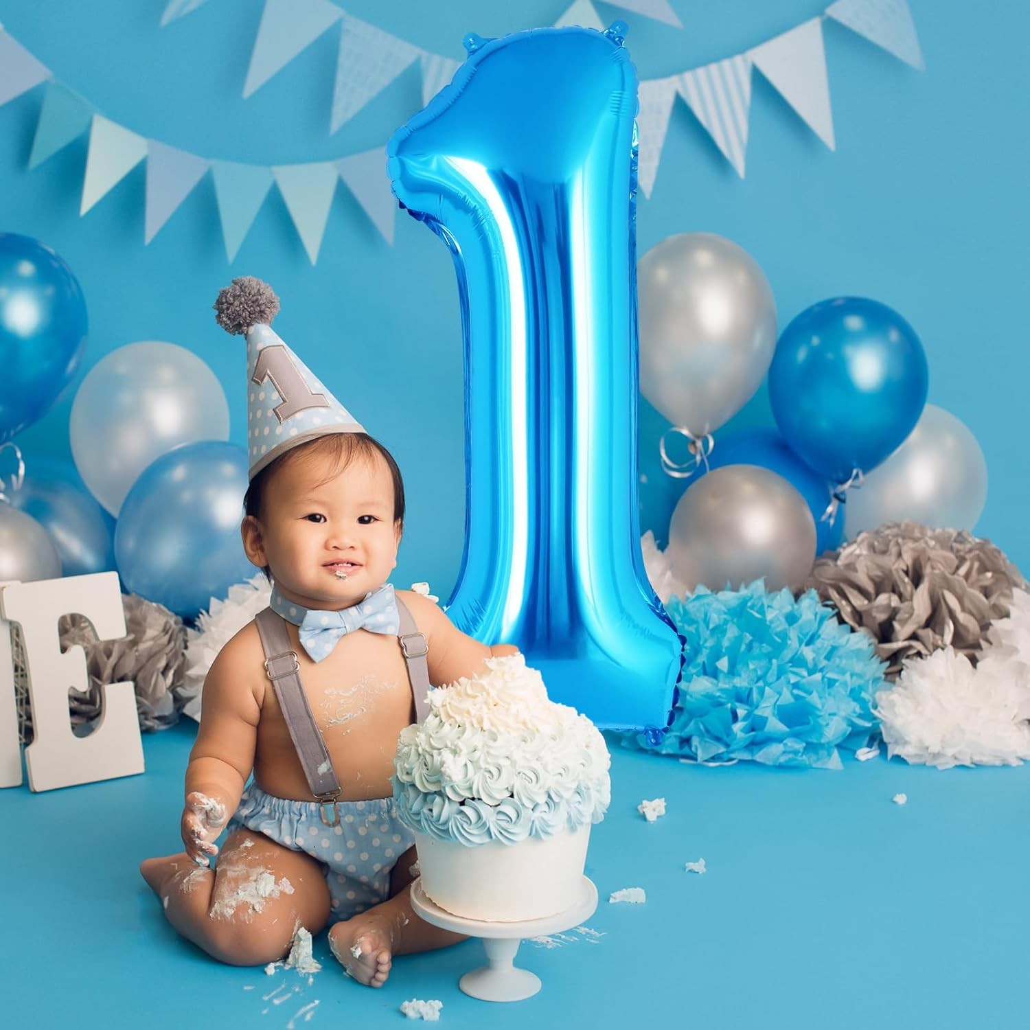 Balon din Folie Metalizata Figurina Cifra, Tema Aniversare 40 cm, Ambalaj Individual, Pai inclus, Umflare cu Aer sau Heliu, Albastru, Cifra 1 [4]