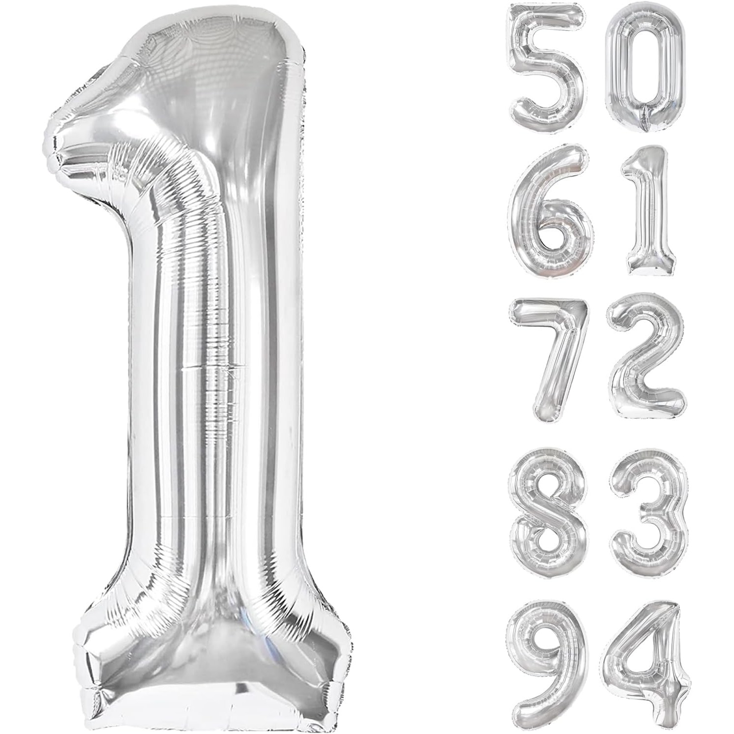 Balon din Folie Metalizata, Figurina Cifra, Tema Aniversare 80 cm, Ambalaj Individual, Pai inclus, Umflare cu Aer sau Heliu, Argintiu, Cifra 1 [7]