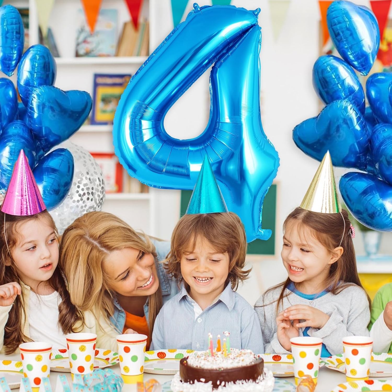 Balon din Folie Metalizata Figurina Cifra, Tema Aniversare 40 cm, Ambalaj Individual, Pai inclus, Umflare cu Aer sau Heliu, Albastru, Cifra 4 [3]