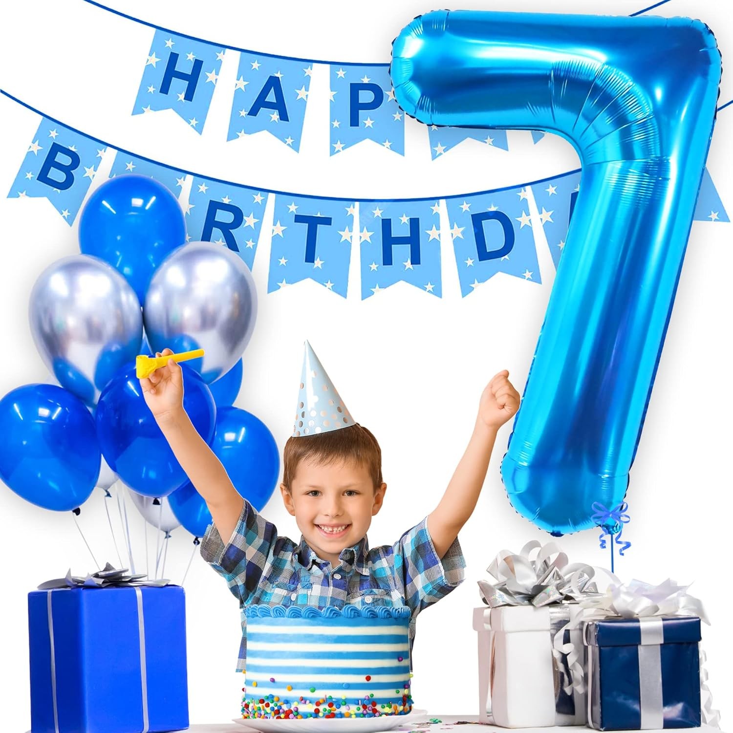 Balon din Folie Metalizata, Figurina Cifra, Tema Aniversare 80 cm, Ambalaj Individual, Pai inclus, Umflare cu Aer sau Heliu, Albastru, Cifra 7 [6]