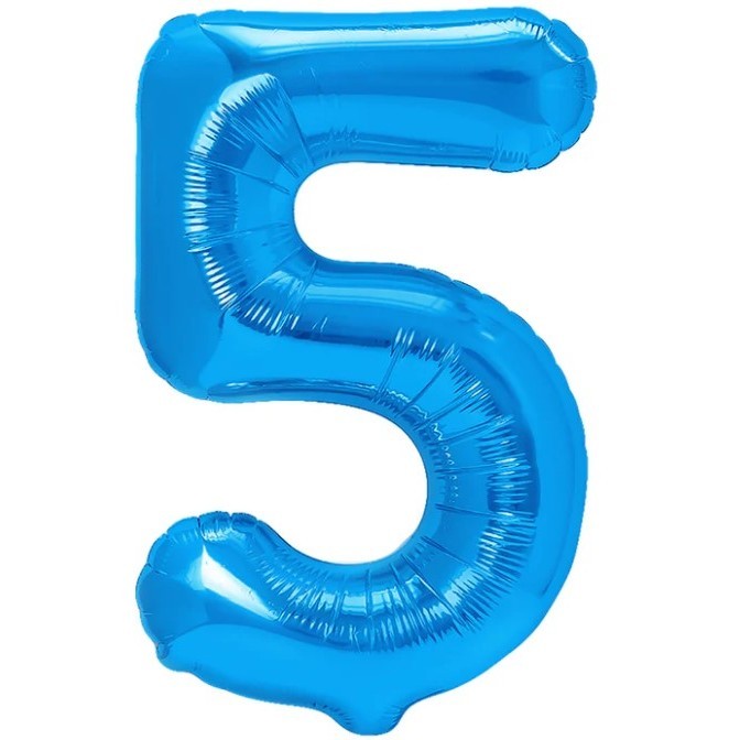 Cifre - Balon din Folie Metalizata, Figurina Cifra, Tema Aniversare 80 cm, Ambalaj Individual, Pai inclus, Umflare cu Aer sau Heliu, Albastru, Cifra 5