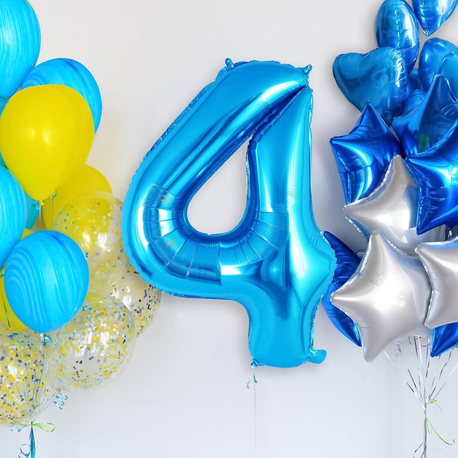 Balon din Folie Metalizata Figurina Cifra, Tema Aniversare 40 cm, Ambalaj Individual, Pai inclus, Umflare cu Aer sau Heliu, Albastru, Cifra 4 [4]