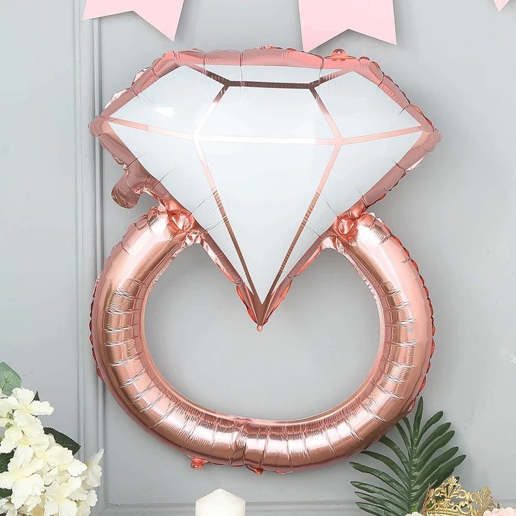 Balon din Folie Metalizata, Figurina Inel de Logodna, Model Diamant, Tema Nunta, 60 cm, Ambalaj Individual, Pai Inclus, Umflare cu Aer sau Heliu, Roz [4]