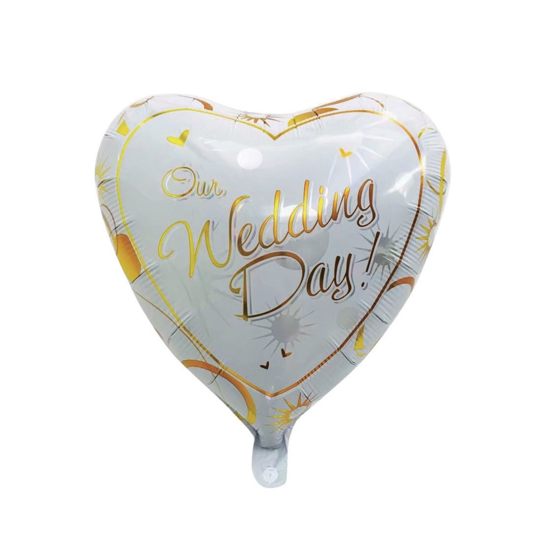 Balon din Folie Metalizata, Figurina Inima, Model Our Wedding Day, Tema Nunta, 45 cm, Ambalaj Individual, Pai Inclus, Umflare cu Aer sau Heliu, Alb/Auriu [1]