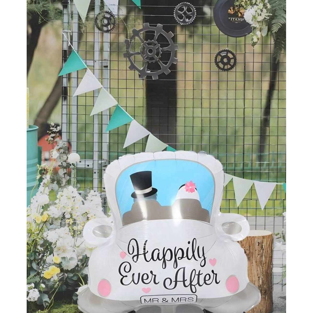Balon din Folie Metalizata, Figurina Masina, Model Nunta Happily Ever After, Tema Nunta, 60 x 63 cm, Ambalaj Individual, Pai Inclus, Umflare cu Aer sau Heliu, Alb [7]