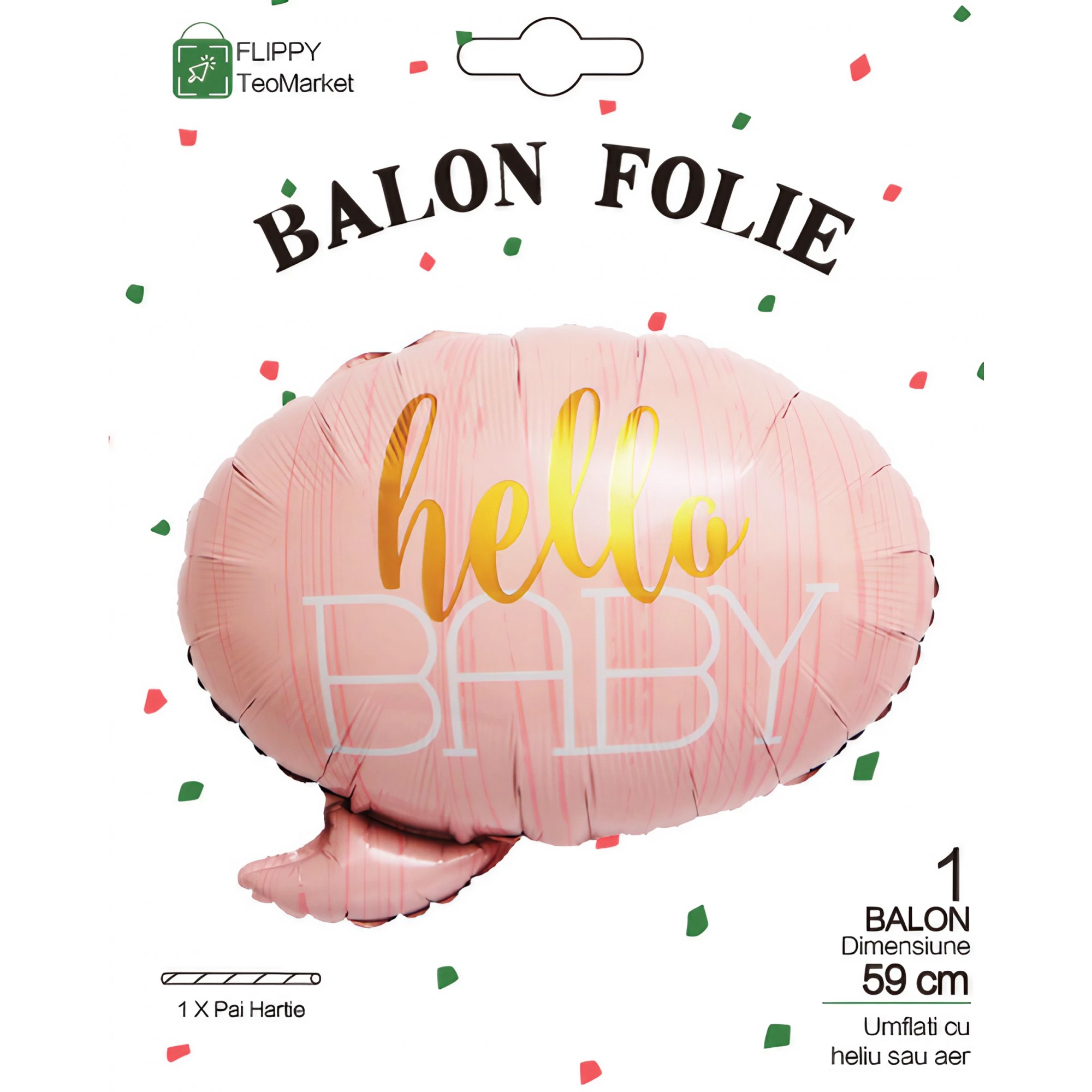 Balon din Folie Metalizata, Figurina Norisor, Tema Hello Baby , 59x50 cm, Ambalaj Individual, Pai Inclus, Umflare cu Aer sau Heliu, Roz [5]