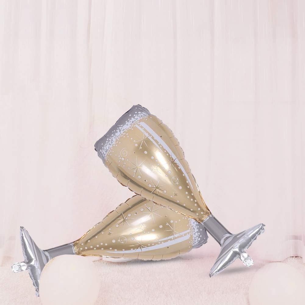Balon din Folie Metalizata, Figurina Pahar de Sampanie, Tema Aniversare, 100x40 cm, Ambalaj Individual, Pai Inclus, Umflare cu Aer sau Heliu, Auriu [3]