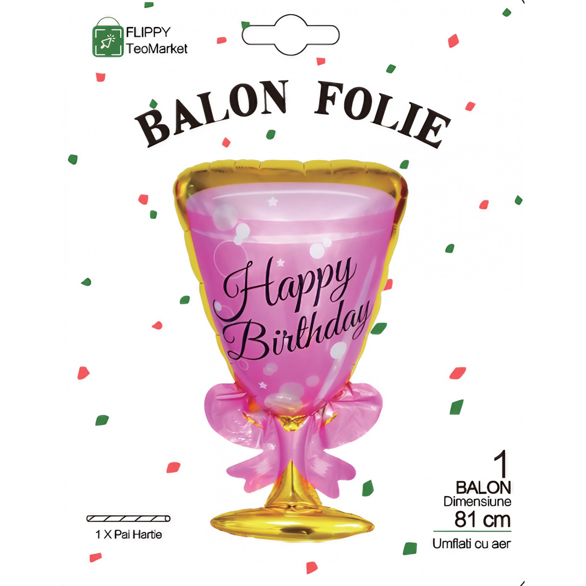 Balon din Folie Metalizata, Figurina Pahar de Vin, Tema Aniversare, 93x48 cm, Ambalaj Individual, Pai Inclus, Umflare cu Aer sau Heliu, Roz [3]