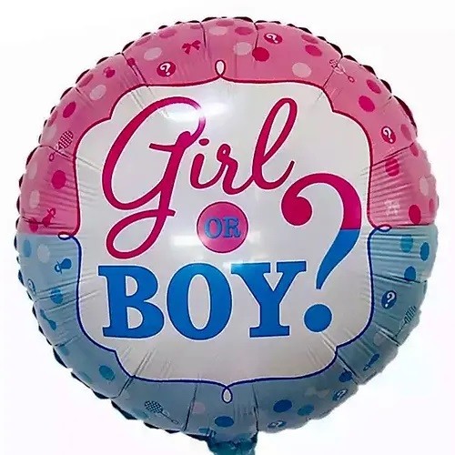 Balon din Folie Metalizata, Figurina Rotunda, Model Girl or Boy, Tema Gender Reveal, 45 cm, Ambalaj Individual, Pai Inclus, Umflare cu Aer sau Heliu, Albastru/Roz [2]