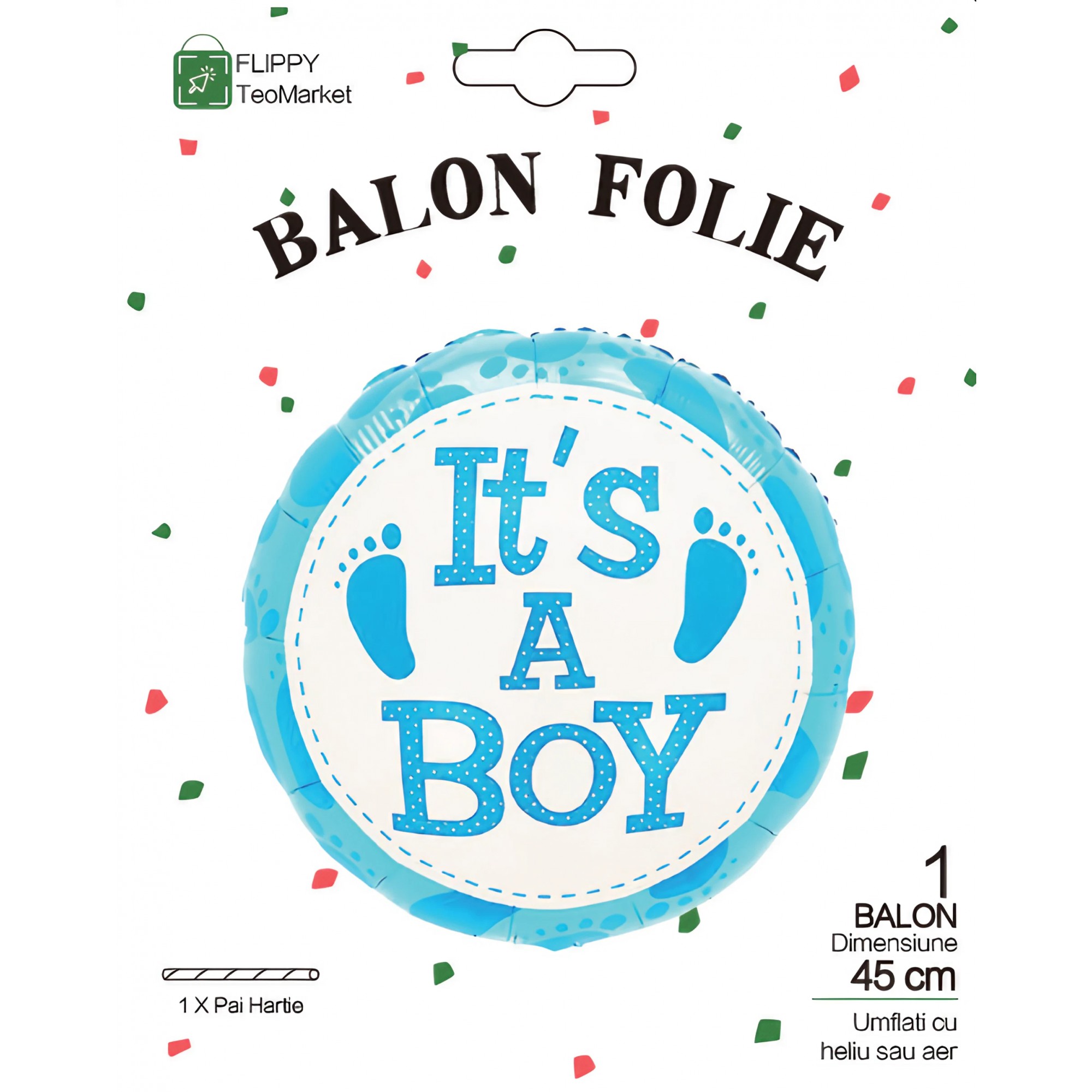 Balon din Folie Metalizata, Figurina Rotunda, Model It's a Boy, Tema Gender Reveal, 45 cm, Ambalaj Individual, Pai Inclus, Umflare cu Aer sau Heliu, Albastru [3]