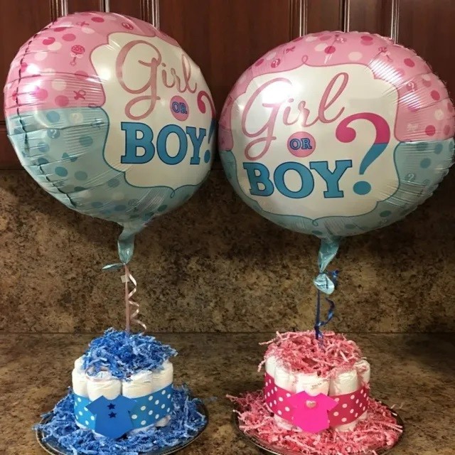 Balon din Folie Metalizata, Figurina Rotunda, Model Girl or Boy, Tema Gender Reveal, 45 cm, Ambalaj Individual, Pai Inclus, Umflare cu Aer sau Heliu, Albastru/Roz [1]