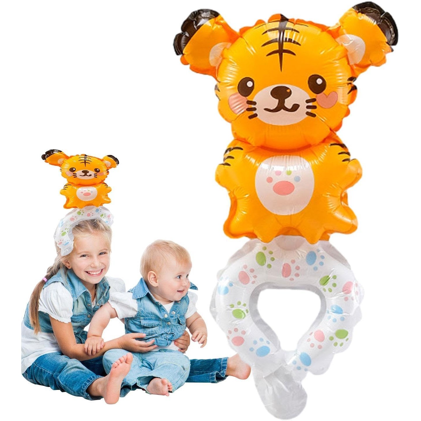 Balon din Folie Metalizata, Figurine Animalute, Tip Bratara, Model Tigru, 17x34 cm, Ambalaj Individual, Pai Inclus, Umflare cu Aer sau Heliu, Maro [2]