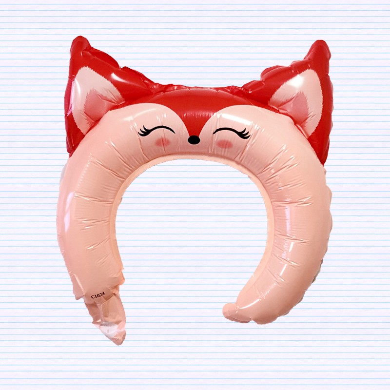 Balon din Folie Metalizata, Tip Coronita cu Urechi, Model Vulpe, Ambalaj Individual, Pai Inclus, Umflare cu Aer sau Heliu, 27 x 29 cm, Rosu [3]