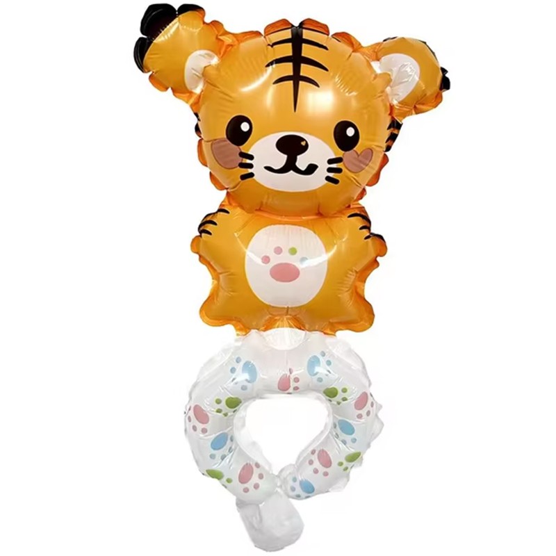 Baloane Tip Bratara - Balon din Folie Metalizata, Figurine Animalute, Tip Bratara, Model Tigru, Ambalaj Individual, Pai Inclus, Umflare cu Aer sau Heliu, Portocaliu