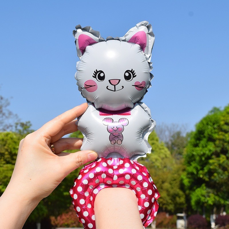 Balon din Folie Metalizata, Figurine Animalute, Tip Bratara, Model Pisica, Ambalaj Individual, Pai Inclus, Umflare cu Aer sau Heliu, Alb [1]