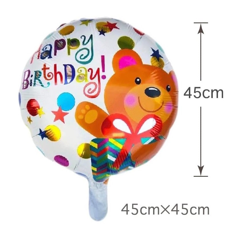Balon din Folie Metalizata, Mini Figurina Rotunda, Model Happy Birthday Ursulet, Tema Aniversare, 45 cm, Ambalaj Individual, Pai inclus, Umflare cu Aer sau Heliu, Maro [1]